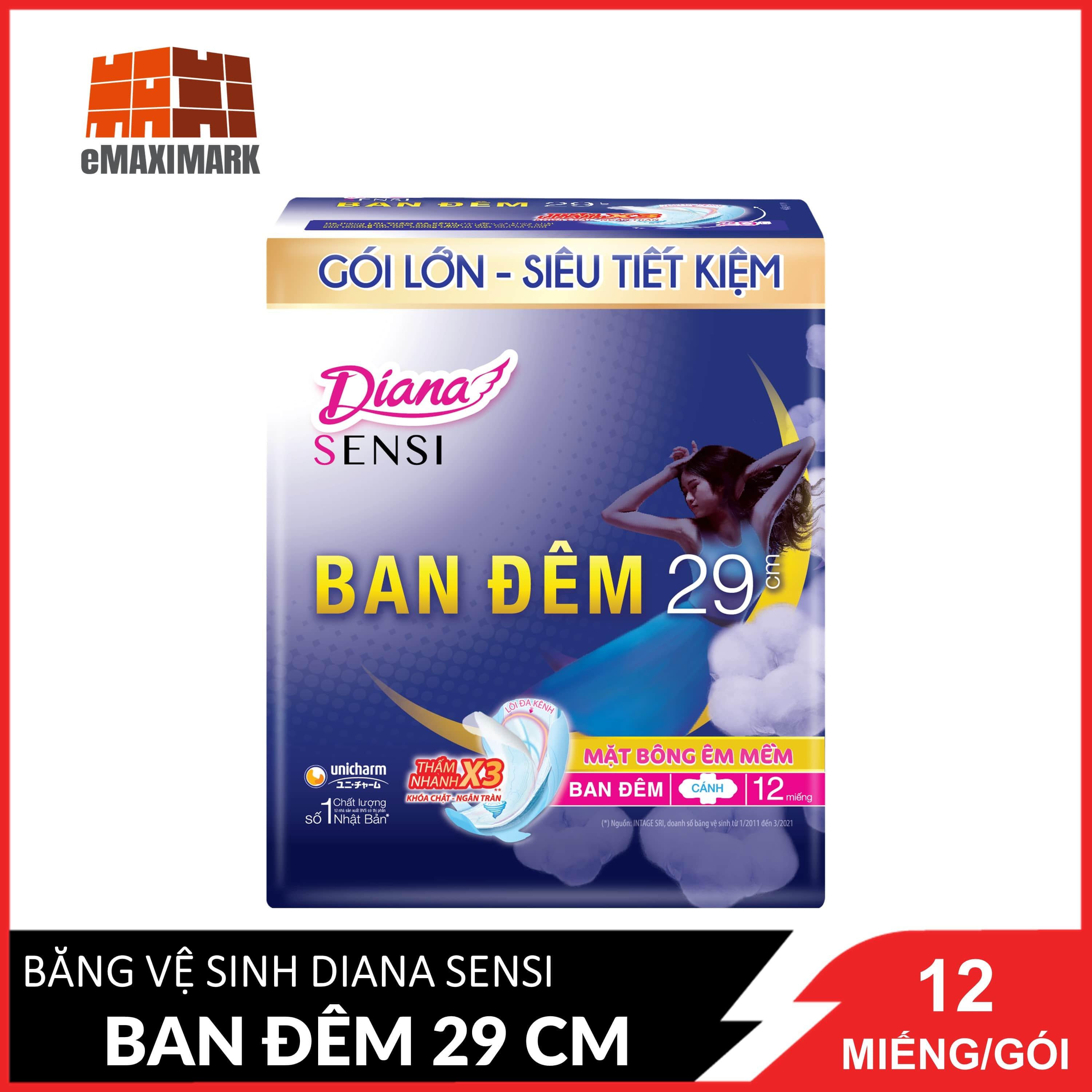 Băng vệ sinh ban đêm Diana Sensi Ban Đêm có cánh 29cm 12 miếng