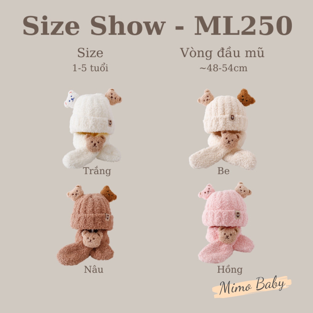 Set khăn mũ len đính gấu bông xù siêu đáng yêu cho bé ML250 Mimo Baby