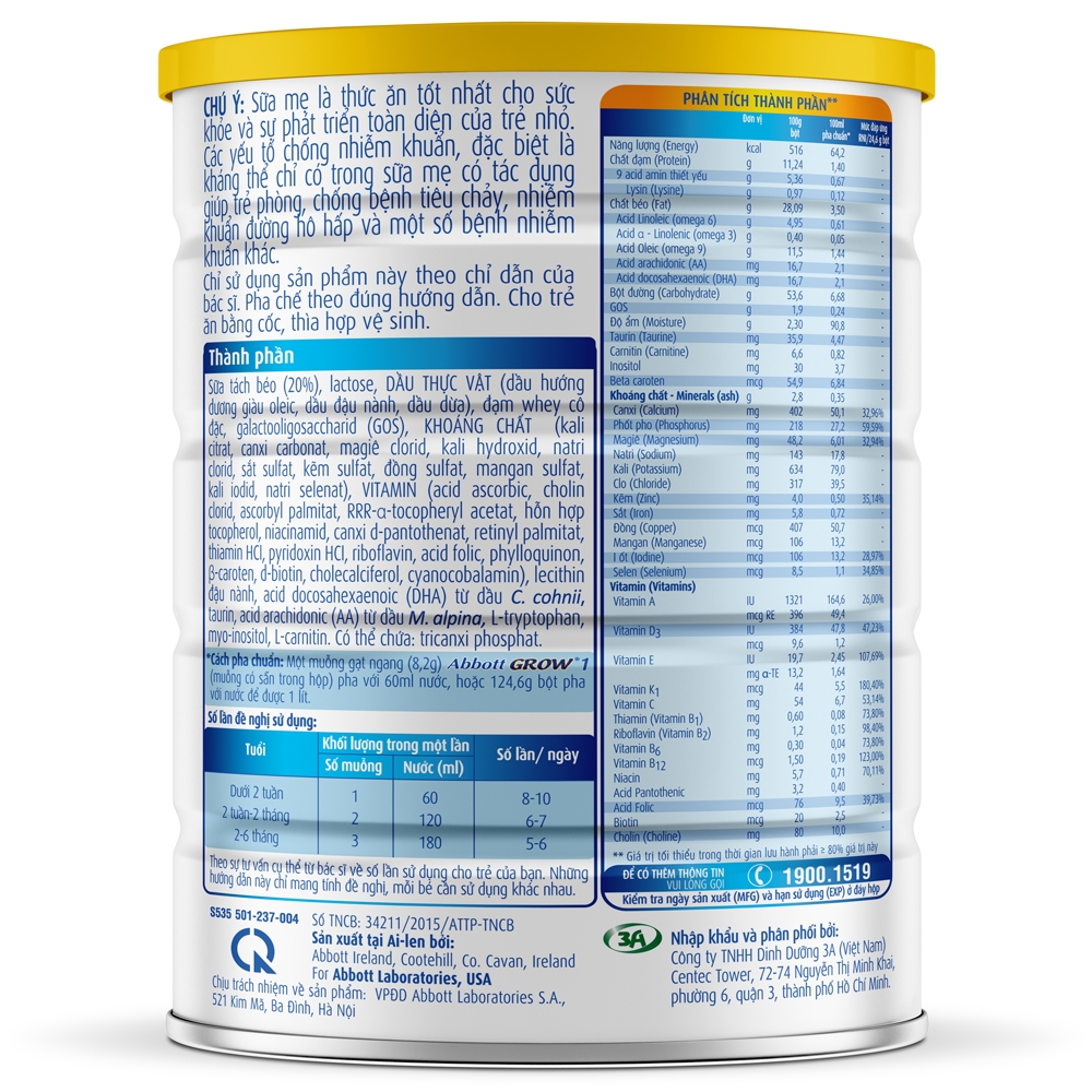 Sữa bột Abbott Grow 1 (0-6 tháng) 900g combo 2 lon