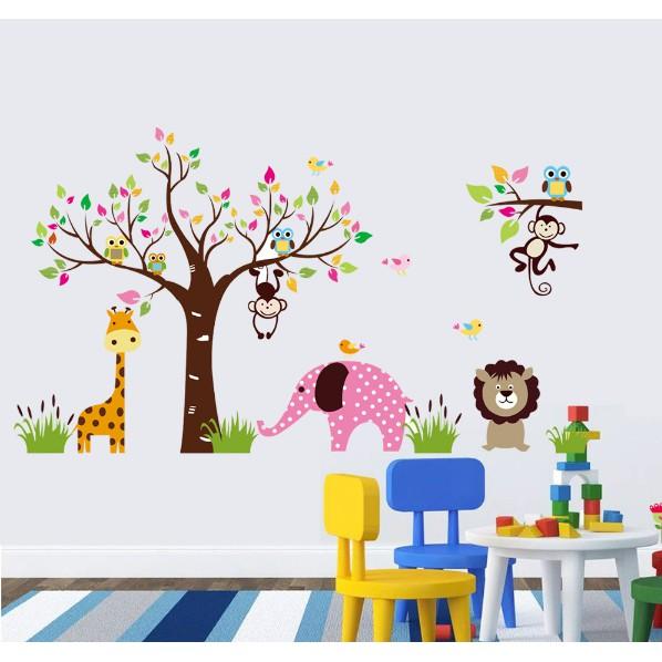 Decal trang trí tường - Thú và Cây sắc màu size lớn