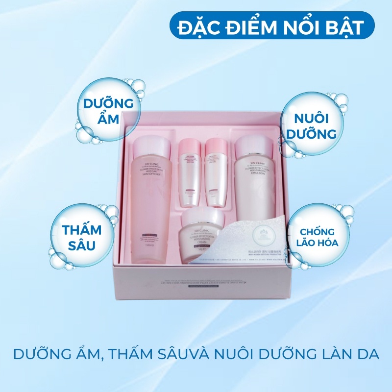 Bộ dưỡng trắng da Chống Lão Hóa Tinh Chất Hoa Hồng 3W Clinic Flower Effect Extra Moisturizing Skin care Set Hàn Quốc