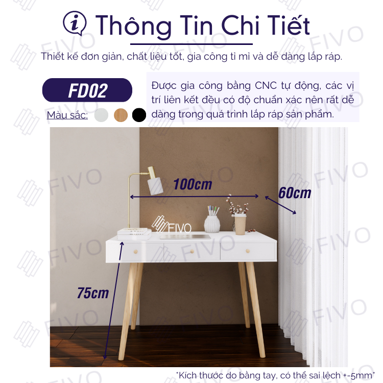 Bàn Làm Việc Gỗ Có Hộc Trắng Decor FIVO Mã FD02 Cao 75cm Chống Gù Lưng Phong Cách Bắc Âu