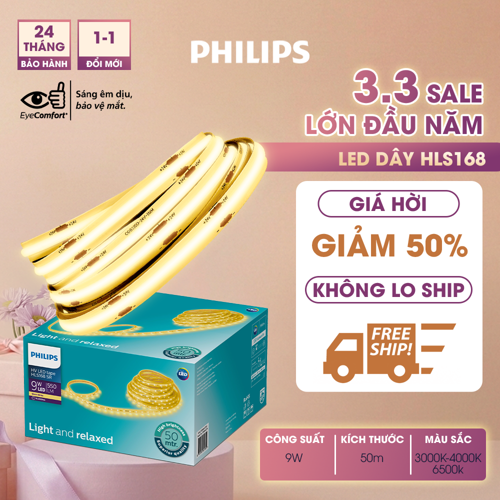 Đèn LED dây Philips HLS168 Cuộn 50m - Công suất 10W, ánh sáng vàng, ánh sáng trắng