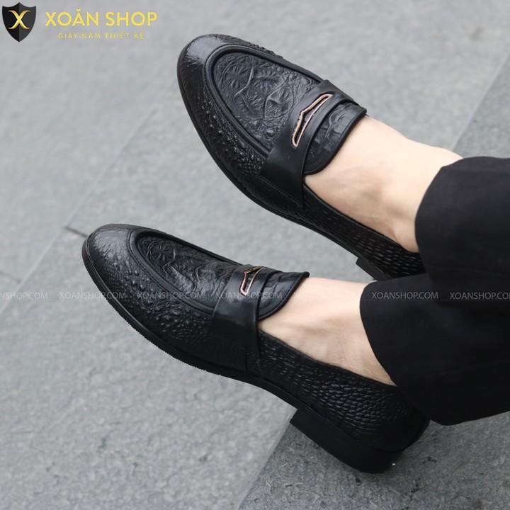 Giày Lười Da Nam DA ềm Dập Vân Cá Sấu - Đế Cao su Đúc Nguyên Khối - Mã X091-3 Màu Đen