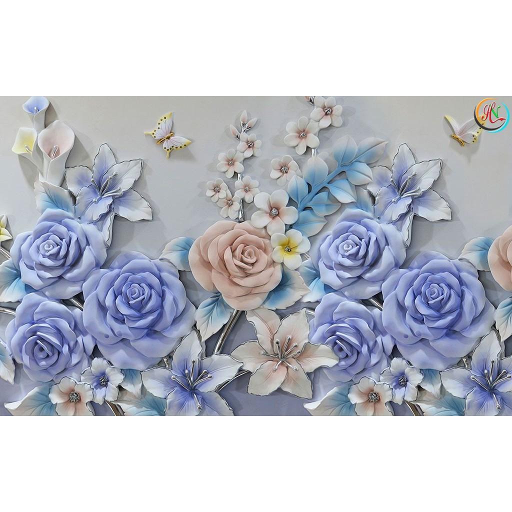 Tranh dán tường HOA 3D - vải lụa phủ kim sa