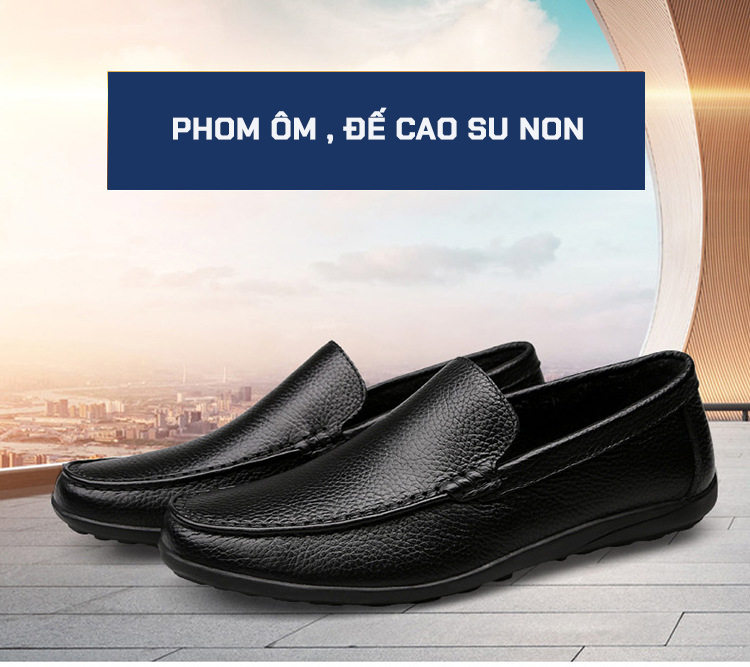 Giầy Lười Da Bò Cao Cấp,  Đế Cao Su, Da Thật, Vân hạt, ôm chân cực bền GD08