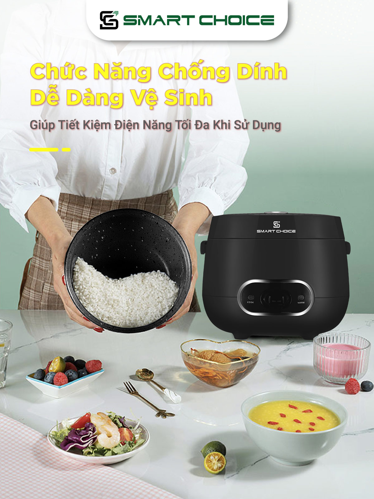 Nồi Cơm Điện Mini 1.2L SMARTCHOICE SCG-RC3001 Lòng Nồi Phủ Ceramic Chống Dính Cao Cấp, Nồi Cơm Điện Cơ Có Quay Xách Dùng Cho 1-3 Người Ăn, Nấu Chín Nhanh, Giữ Ấm Lâu - Hàng Chính Hãng