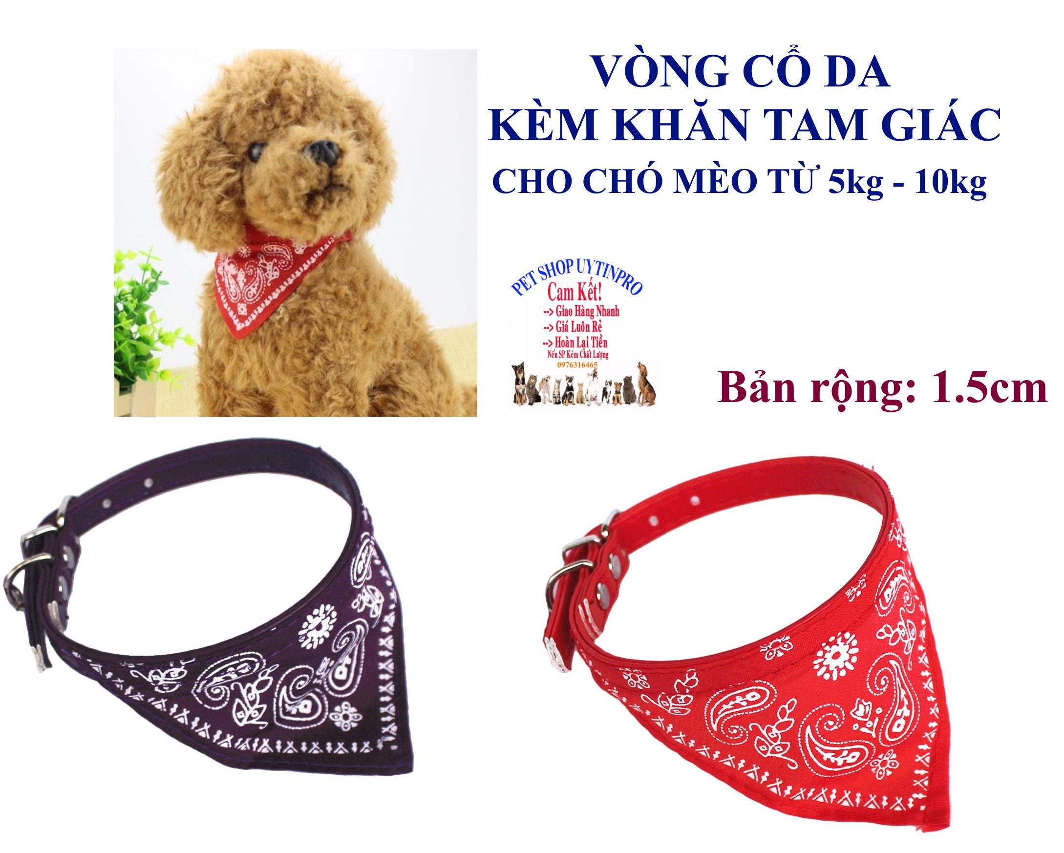 Vòng cổ da kèm khăn tam giác cho Chó Mèo từ 5kg đến 10kg Bản rộng 1.5cm Chất liệu da cao cấp Giúp thoải mái khi đeo