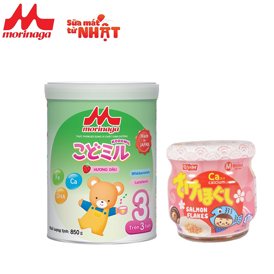 Combo 1 lon Sữa Morinaga số 3 Kodomil Hương Dâu 850gr + 1 lọ Ruốc cá hồi Meiwa