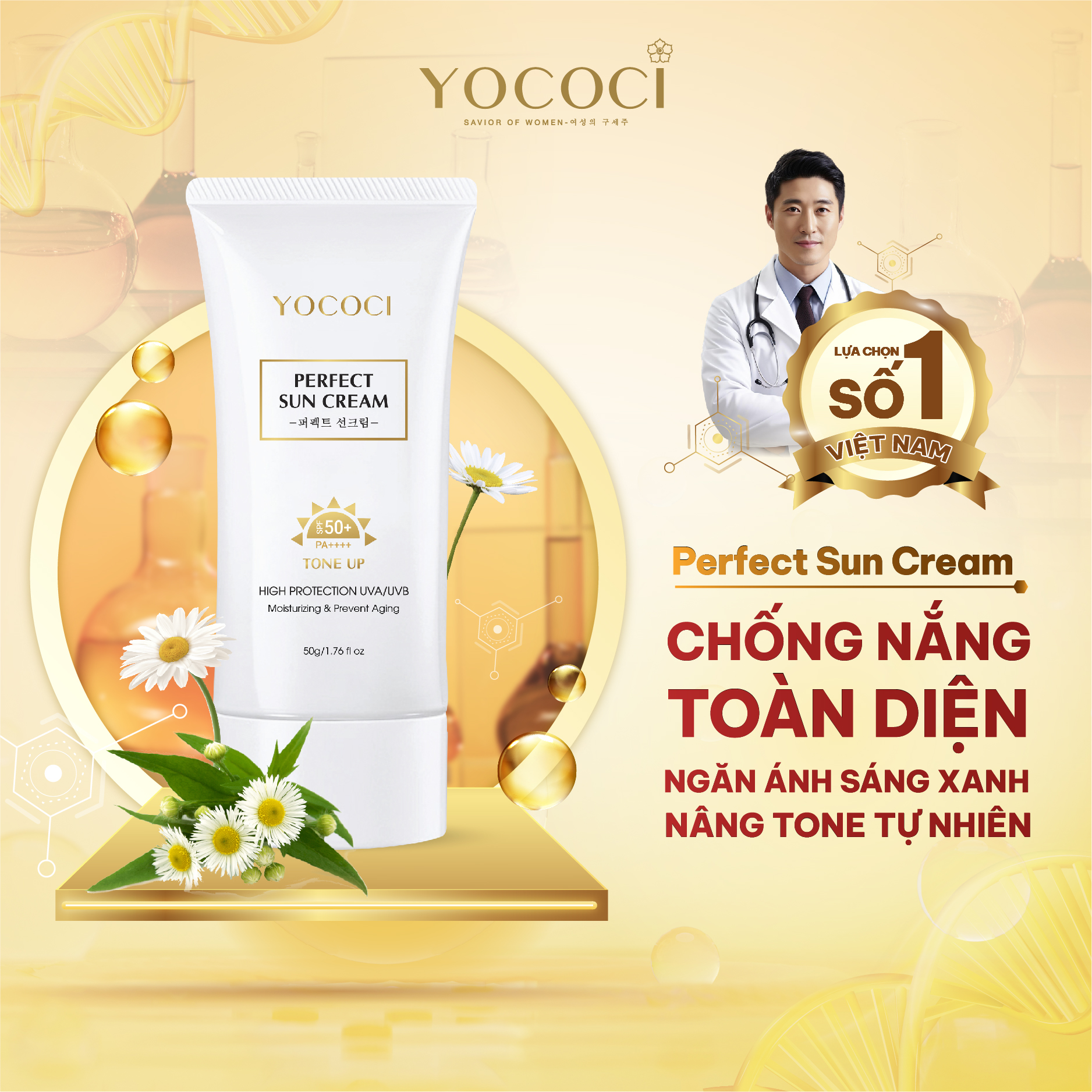 Kem chống nắng Yococi Phổ rộng màng lọc đa tầng, nâng tone tự nhiên Perfect Sun Cream SPF50+ PA++++ 50g