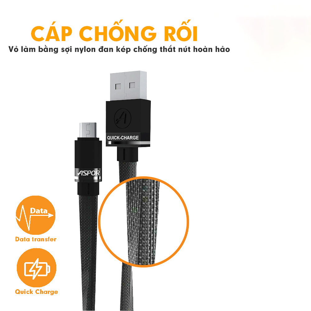 Cáp sạc Type C Aspor sạc nhanh 2.4A ,A137-Hàng chính hãng