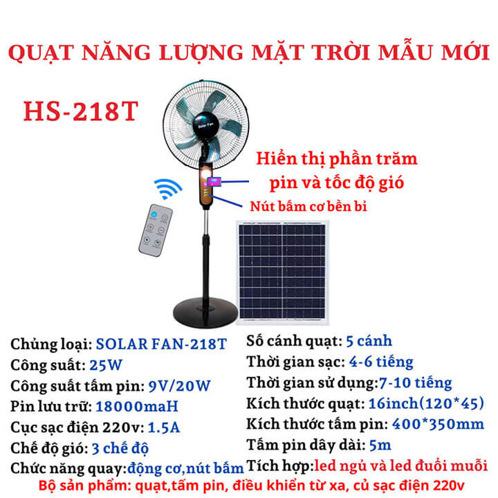 Quạt tích điện năng lượng mặt trời có điều khiển từ xa, quạt cây đứng 5 cánh có đèn ngủ và cổng USB, pin trâu sử dụng 6-10H T218