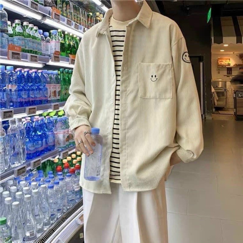 ÁO KHOÁC SƠMI NHUNG OVERSIZE THÊU ICON MẶT CƯỜI UNISEX FROM RỘNG UZZLANG