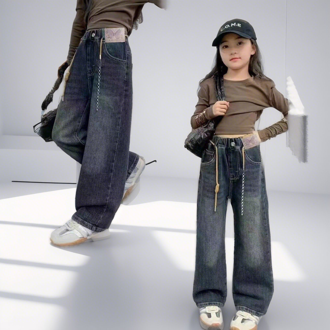 Quần jean bé gái size đại ống sớ 8-16 tuổi đính bươm kèm dây đai vải co giãn dáng thời trang