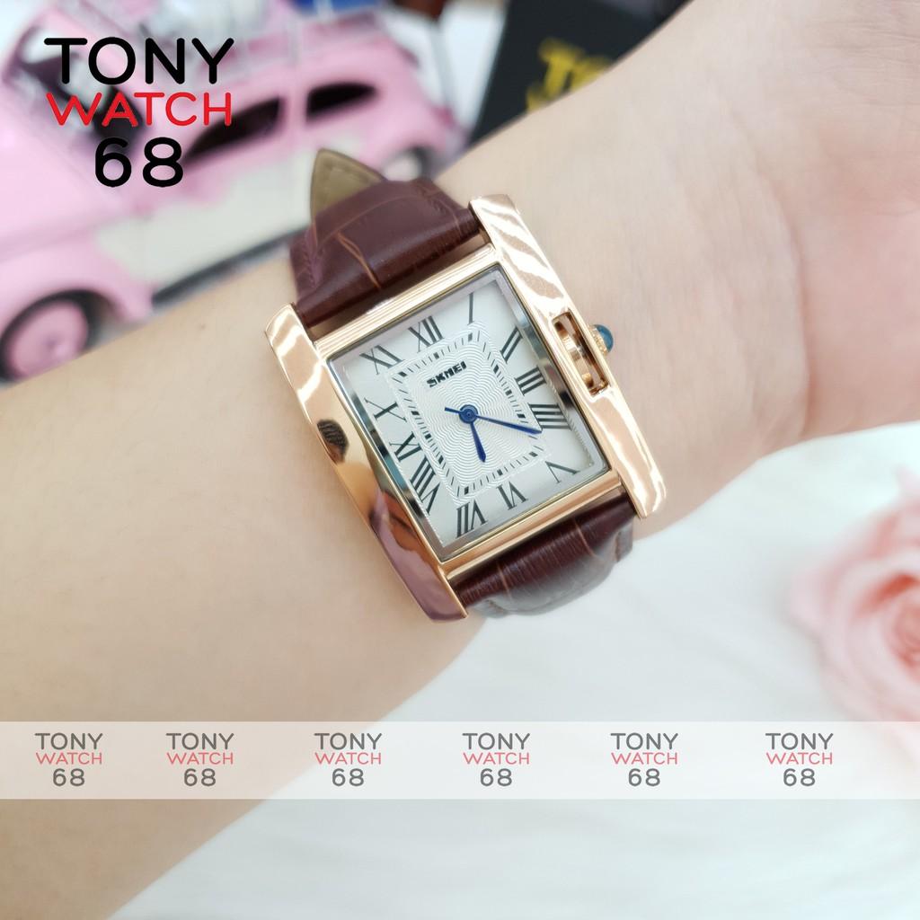 Đồng hồ nữ Skmei dây da mặt vuông viền vàng chính hãng Tony Watch 68