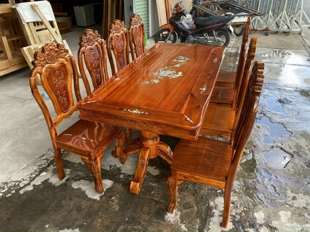 Bộ bàn ăn 8 ghế cẩn hoa mặt vuông hàng xuất khẩu cao cấp