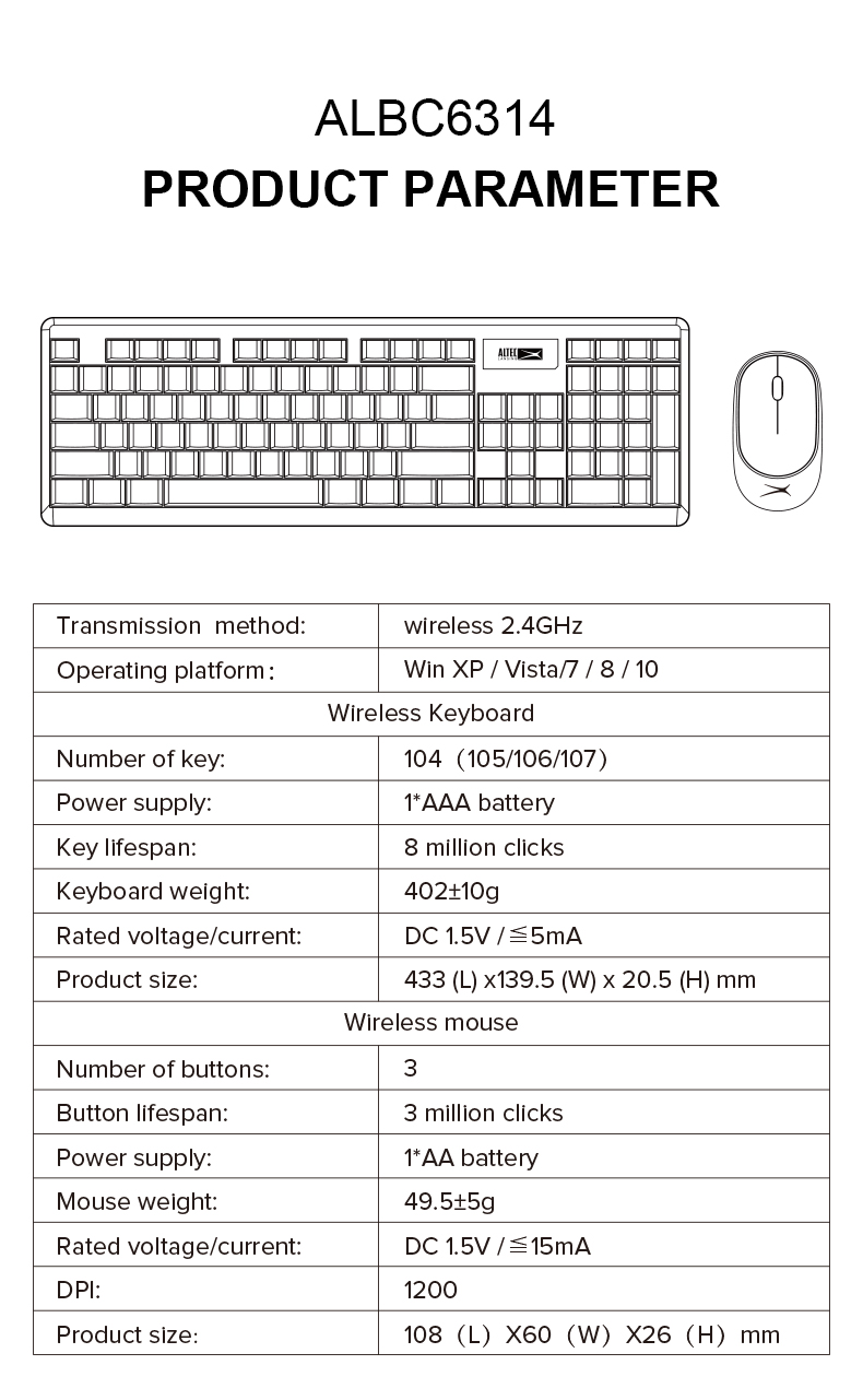 COMBO BÀN PHÍM CHUỘT KHÔNG DÂY ALTEC ALBC 6314,KEYBOARD MOUSE WIRELESS 2.4G 1200DPI-HÀNG CHÍNH HÃNG