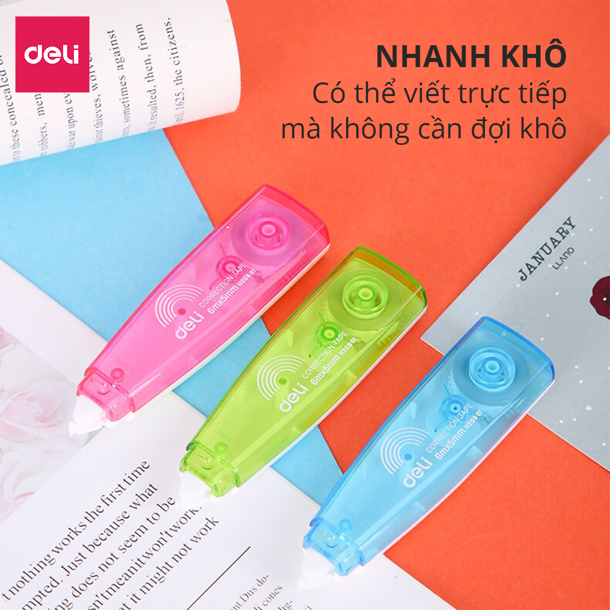 Băng xóa bút xóa kéo 6m Deli - Hồng/ Xanh Dương/ Xanh lá - EH20901