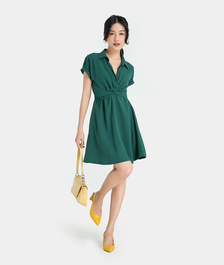 Đầm Ngẵn Nữ Thời Trang HNOSS Cổ Sơmi Tay Ngắn Xoắn Eo HNDLU056