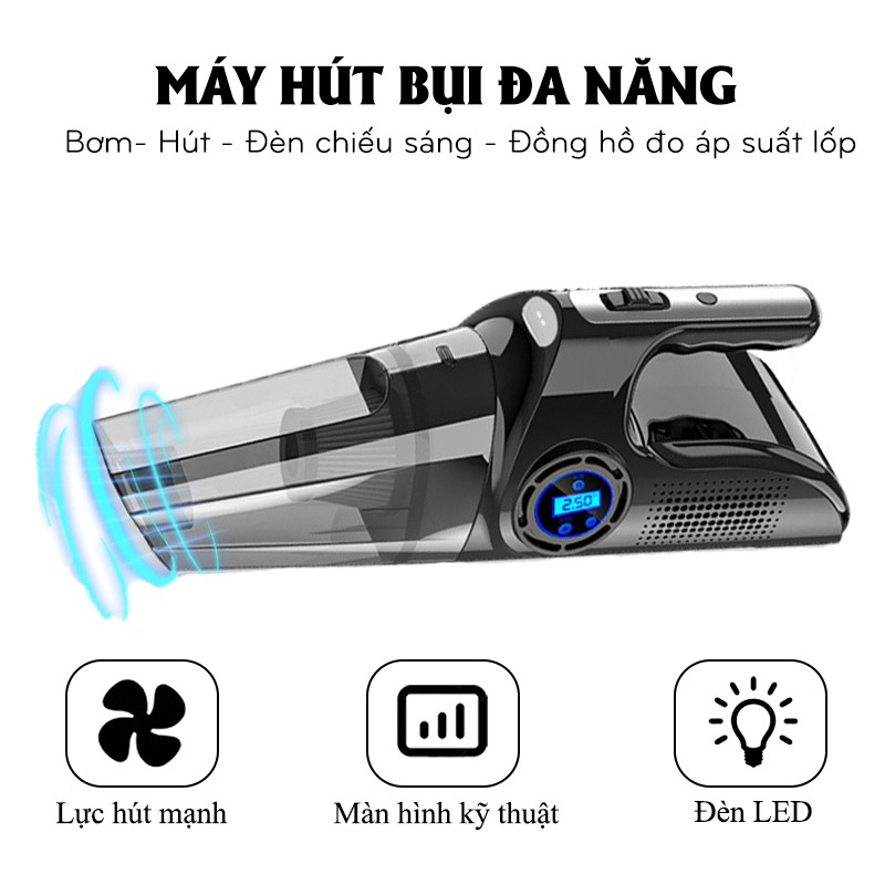 Máy hút bụi và bơm lốp Ô Tô - Công suất 120W 4 in 1 Bơm/Hút/Đèn chiếu sáng/Đồng hồ đo áp suất lốp - K1342