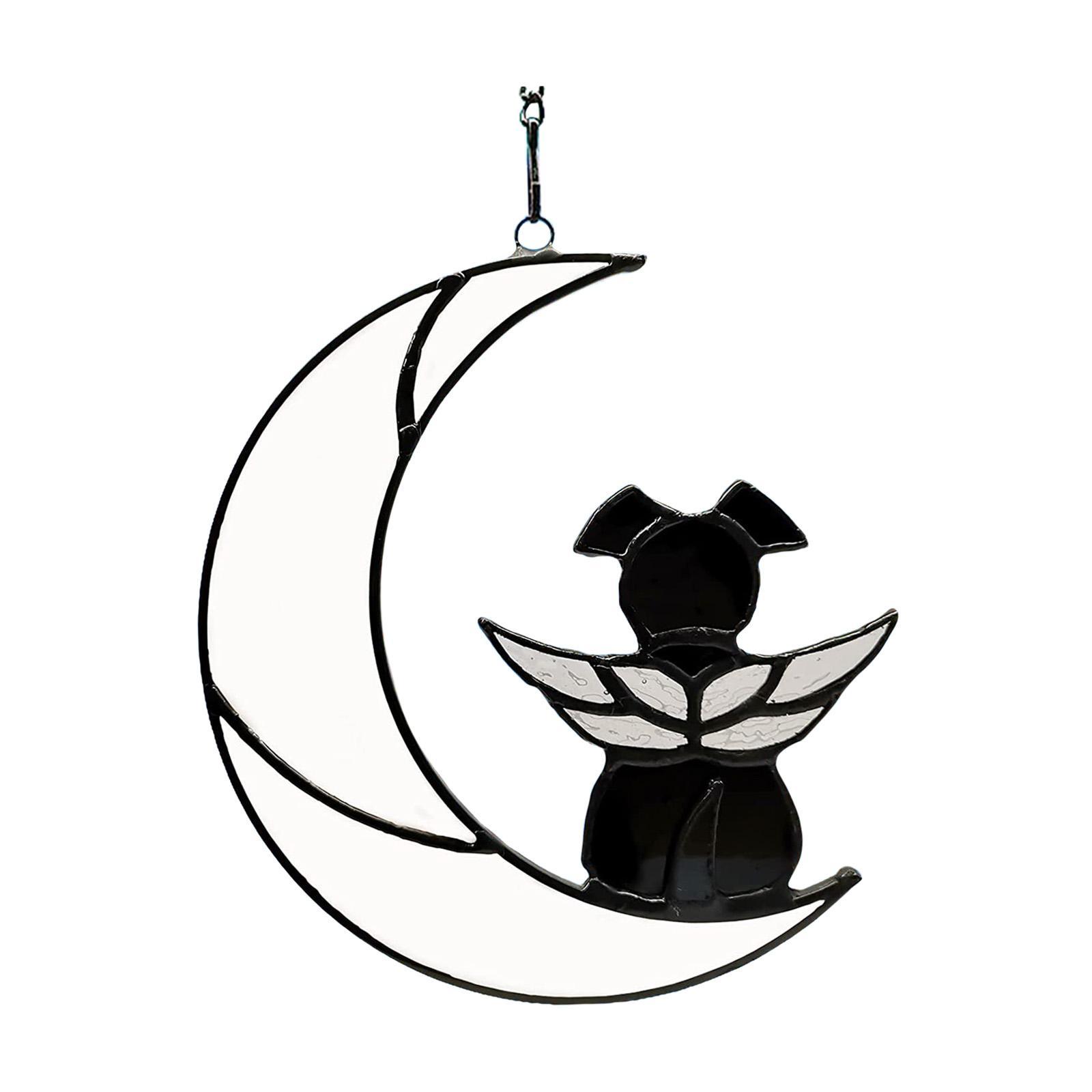 Stained Glass Window Hangings Dog on The Moon Ornament for Bedroom Decor