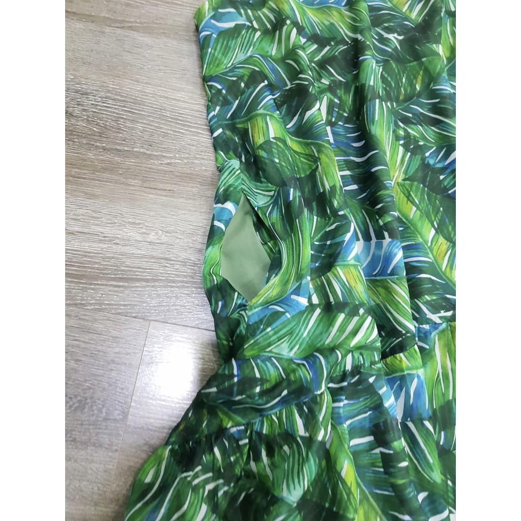 Đầm xanh vintage họa tiết lá - P0000340