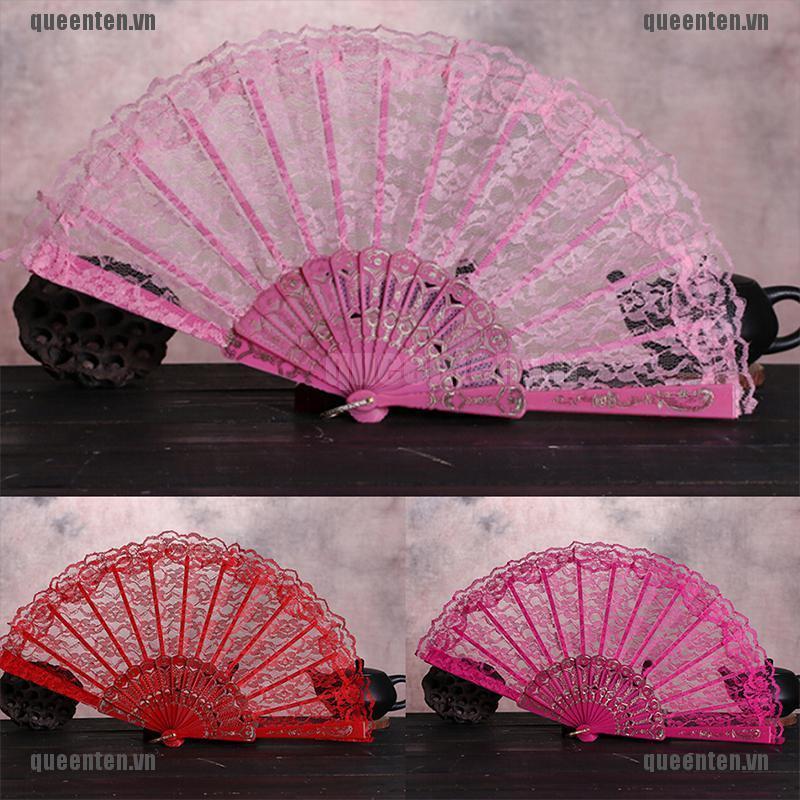 Chinese Lace Silk Folding Hand Held Dance Fan Flower Frame Pattern Party Wedding QUVN