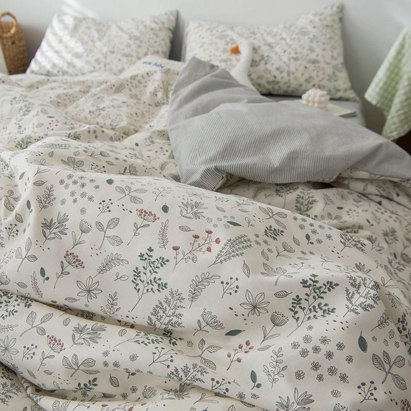 Bộ Chăn Ga Gối Cotton Living 100%Cotton Hàng Nhập Khẩu Cao Cấp 4 Món Hoa Dây Trắng Vintage