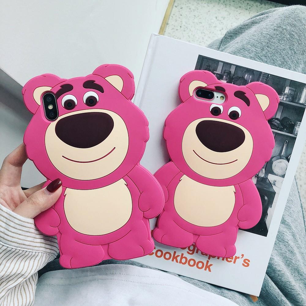 Ốp điện thoại bảo vệ hình chú gấu màu dâu tây 3D dễ thương dành cho iPhone 6 6s 7 8 Plus X Xs Max Xr 11 Pro Max