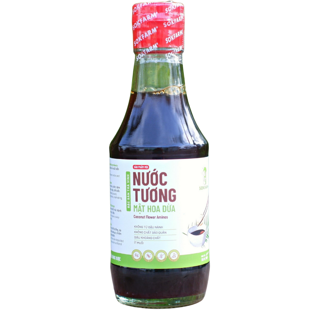 Nước tương mật hoa dừa Sokfarm Chai 200ml - Lượng muối cực thấp, không gluten, không chất bảo quản. dùng được cho bé ăn dặm