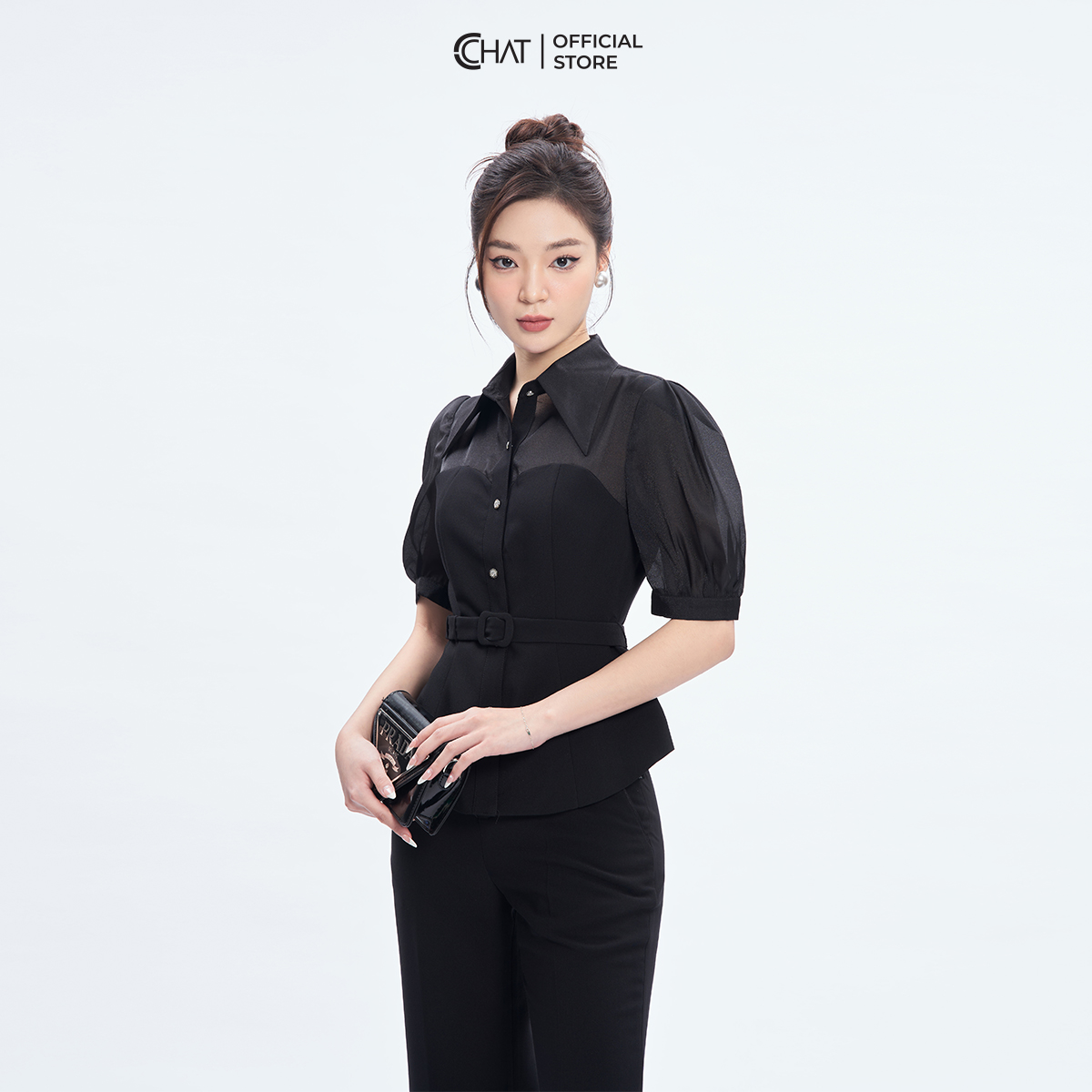 Áo Sơ Mi Nữ  Kiểu Cutout Phối Vải Chất Tuytsi Cao Cấp Mềm Nhẹ 53FNS8001PT