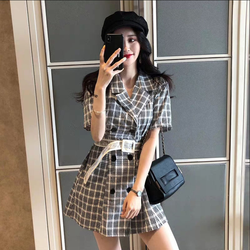 Hàng Quảng Châu - Đầm xòe caro cổ vest vintage thanh lịch trẻ trung - D82208