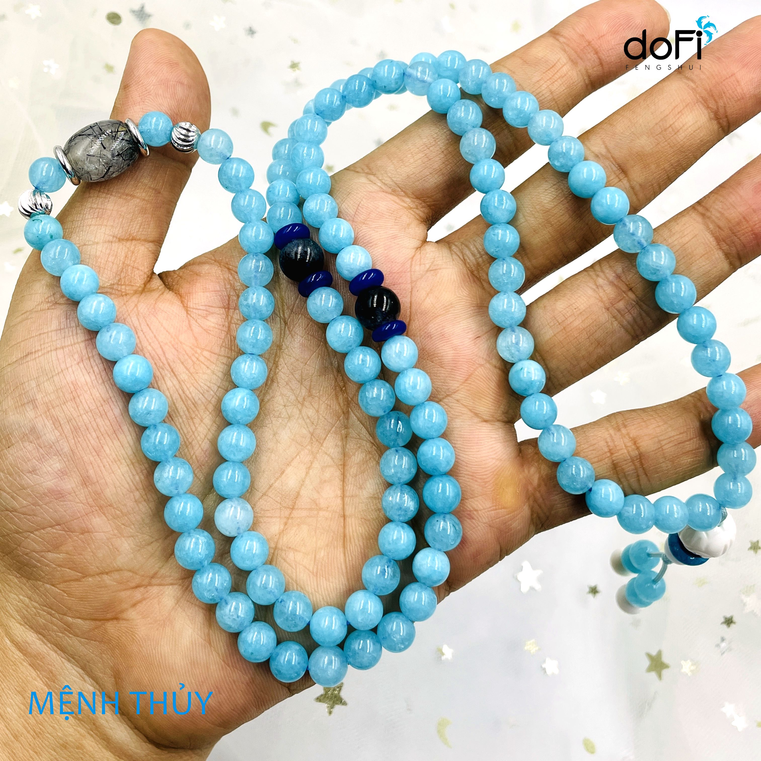 TRÀNG HẠT ĐÁ AQUAMARINE 6LI PHỐI LU THỐNG THẠCH ANH TÓC ĐEN