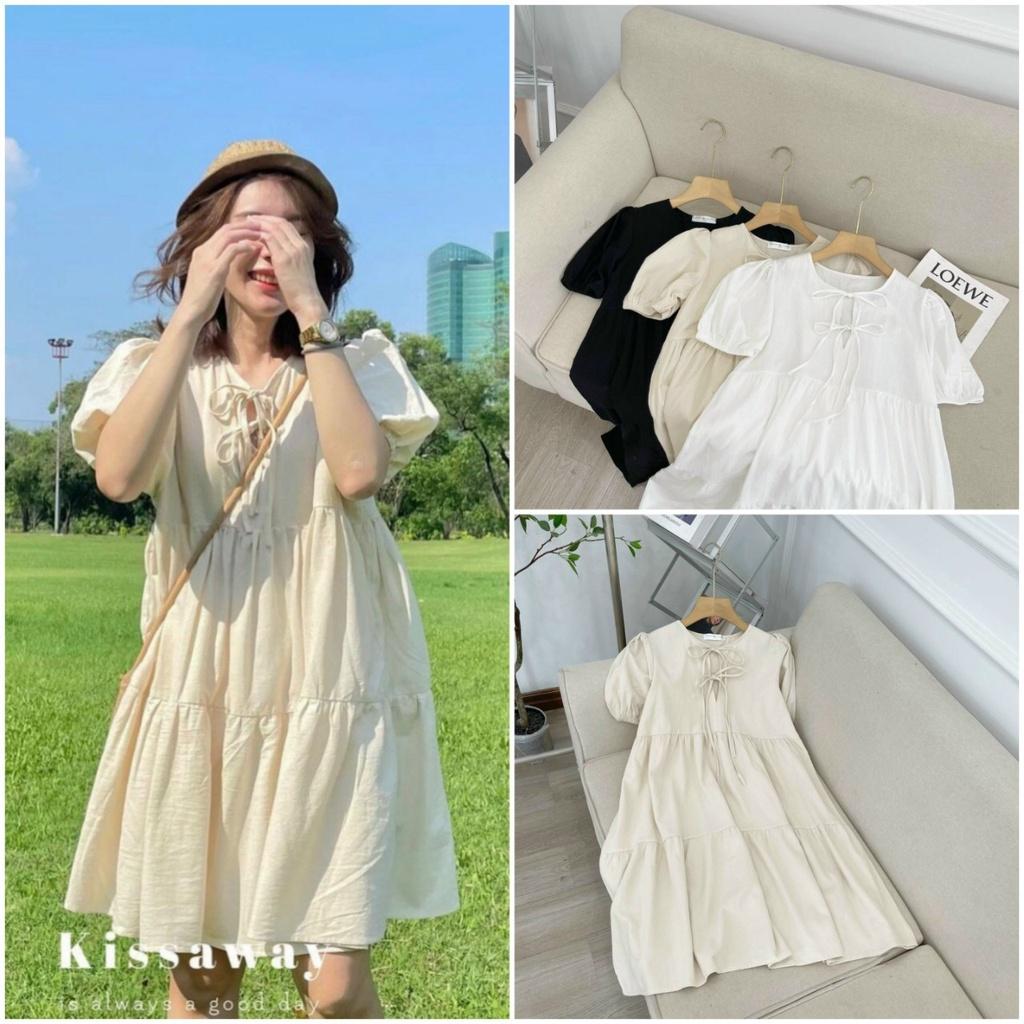 Váy babydoll nữ cộc tay buộc dây ngực, đầm nữ ngắn vải đũi siêu mát mẻ