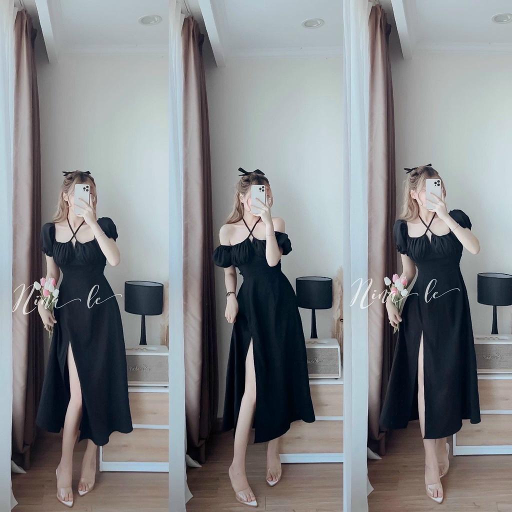 Đầm nữ bèo dây cổ dáng xòe xẻ tà màu đen quý phái
