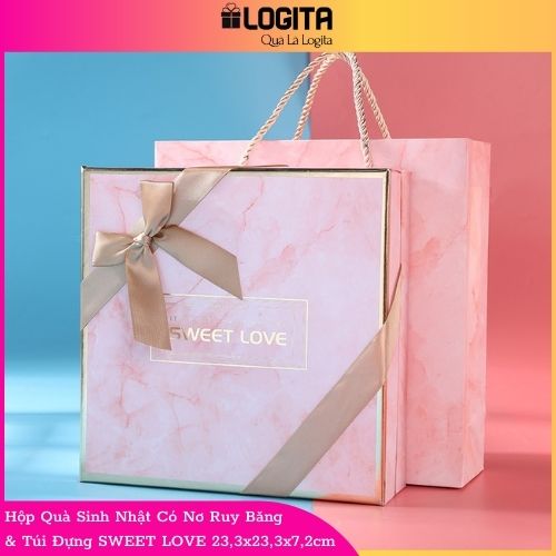 Hộp Quà Sinh Nhật Có Nơ Ruy Băng Chéo Tinh Tế Kèm Túi Đựng Quà SWEET LOVE - Kích thước 23,3x23,3x7,2cm