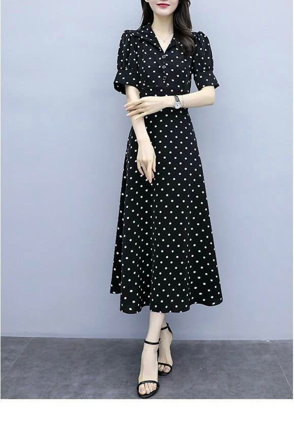 ĐẦM XOÈ CHẤM BI TAY LỠ CỔ SƠ MI