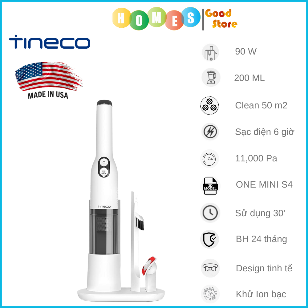 Máy Hút Bụi Xe Hơi, Máy Hút Bụi Không Dây TINECO Pure One Mini S4 Thương Hiệu Mỹ Lực Hút 11,000 Pa, Công Suất 220 W - Hàng Chính Hãng - Bảo Hành 24 Tháng