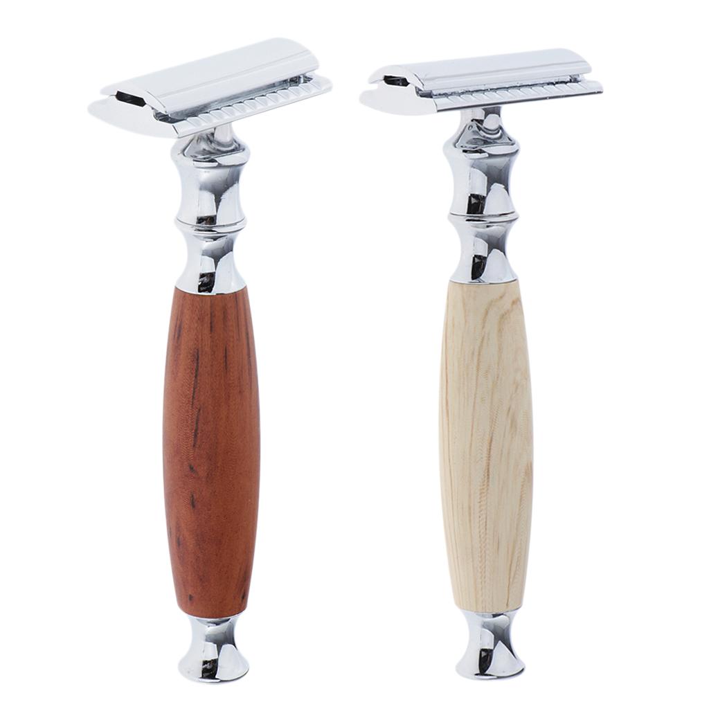 2 Pcs Wood Handle Double Edge Safety Shaving Moustache Grooming Tool