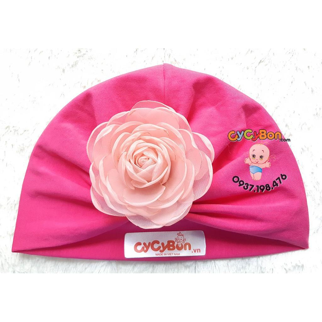 Mũ Nón Turban Tóc Giả Cho Bé Gái Màu Hồng Đậm Đính Bông Hồng Ruốc Vải Cotton Co Giãn