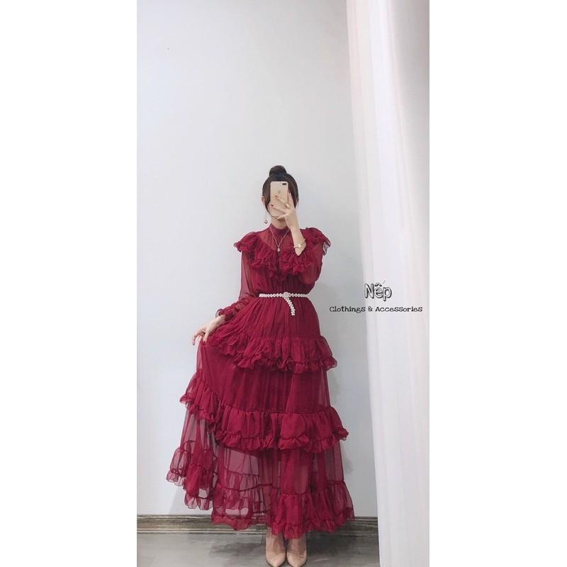 Váy maxi tơ bèo tầng kèm đai ngọc