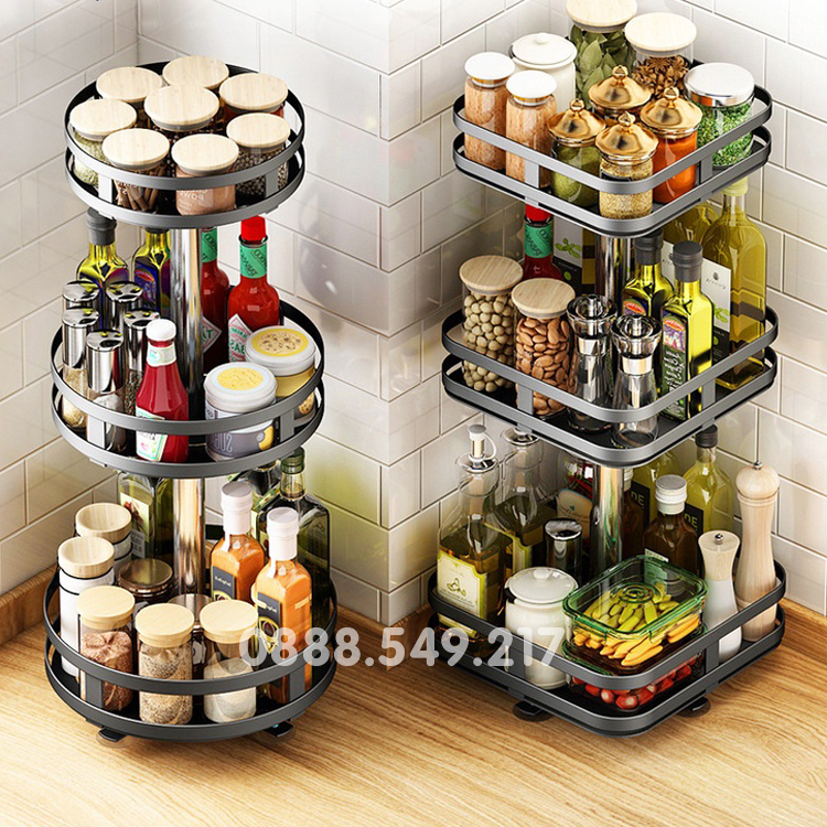 Kệ Gia Vị Xoay 360 Độ 2 Tầng, 3 Tầng, Kệ Để Đồ Nhà Bếp Thông Minh Dáng Vuông, Tròn Thế Hệ Mới