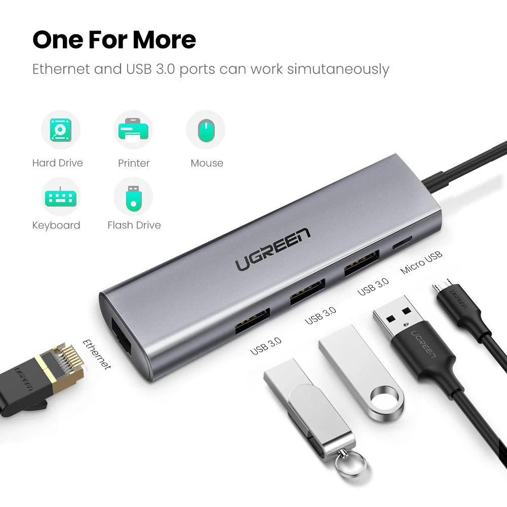 Ugreen UG60812CM266TK 20CM màu xám Hub usb 3.0 ra 3 cổng + RJ45 Gigabit Ethernet nguồn micro usb - HÀNG CHÍNH HÃNG