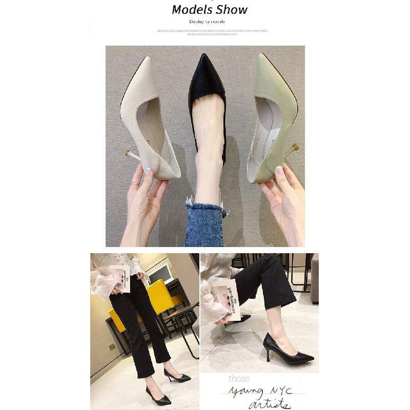 New Black Leather Shoes Pointed Toe Low-Cut Shoes Women's Professional Work Stiletto Heels for Work