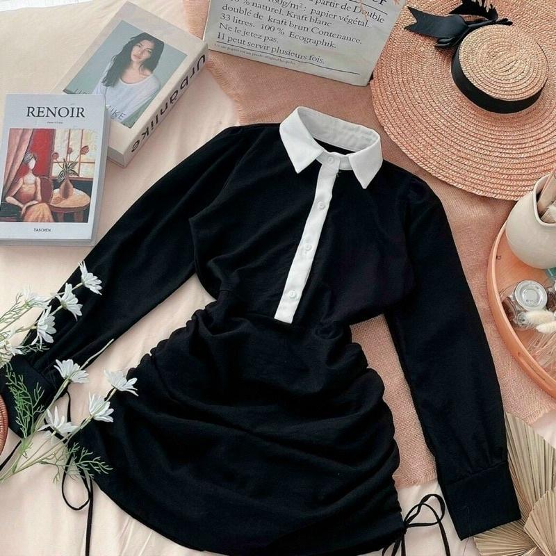 Đầm đen body cổ trắng rút hai bên
