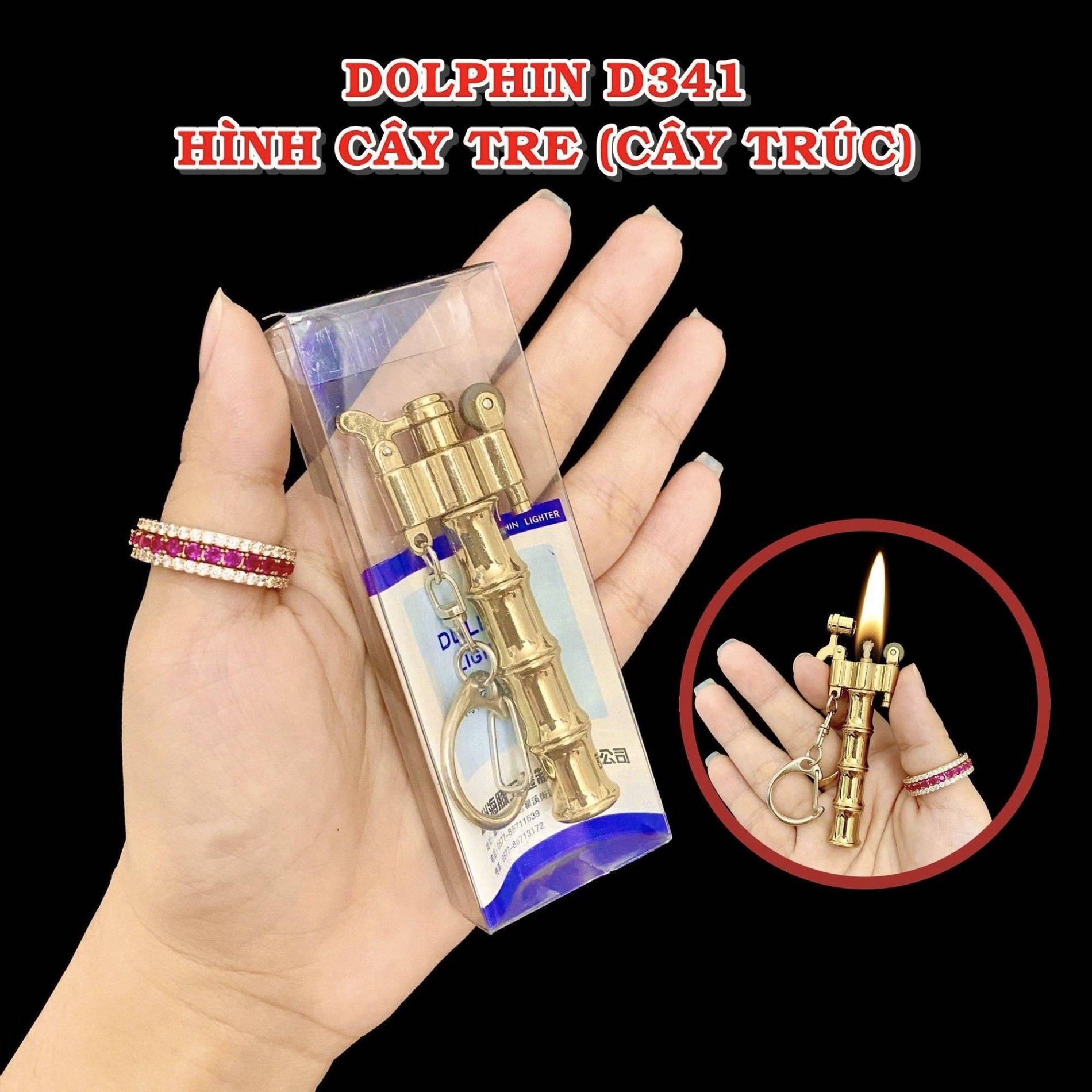 Hột quẹt bật lửa móc khóa DOLPHIN xăng đá cổ hình cây trúc D341 - xài xăng