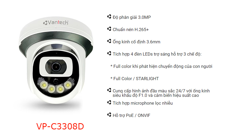 Vantech Camera 3.0MP Network Colorful Dome VP-C3308D - Hàng chính hãng