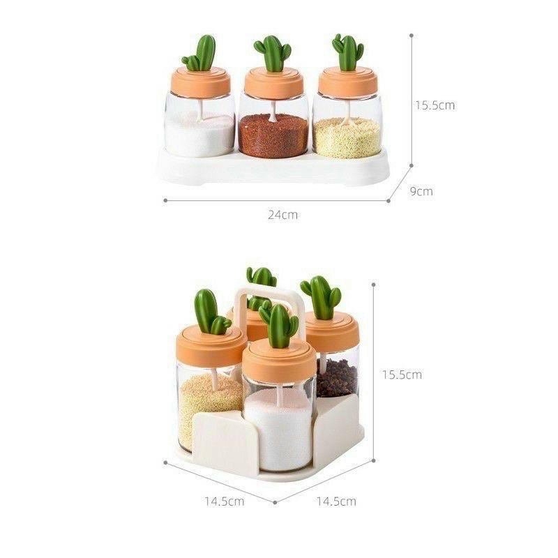 Hũ đựng gia vị thủy tinh xương rồng cao cấp, hộp đựng gia vị kèm thìa tiện lợi