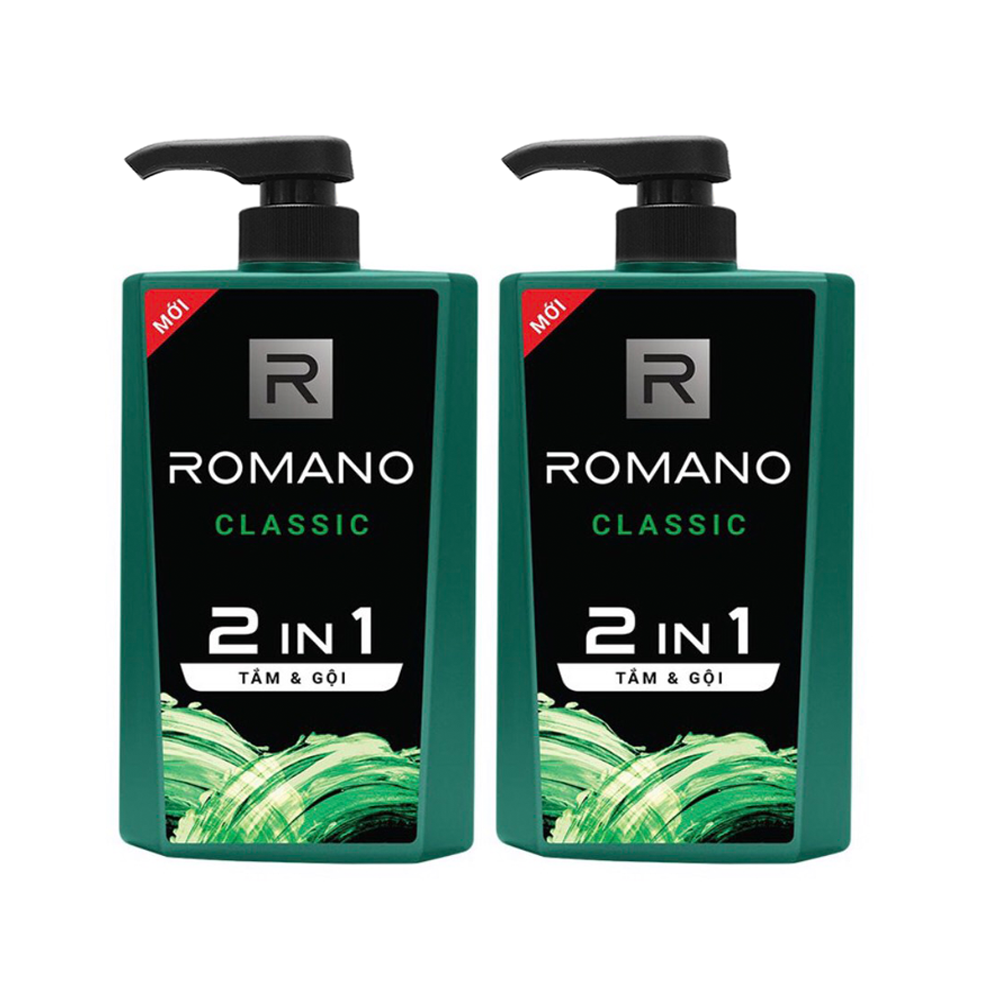 Bộ 2 Chai tắm gội 2in1 Romano Classic(650ml*2)+Tặng 10 gói dầu gội Romano Classic