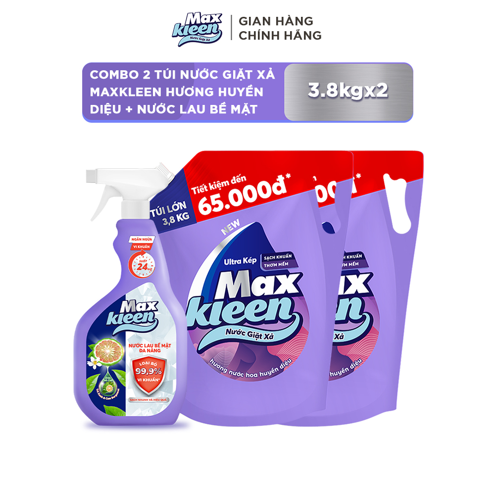 Combo 2 Túi Nước Giặt Xả MaxKleen hương Huyền Diệu (3.8kg/túi) + Lau Bề Mặt Đa Năng